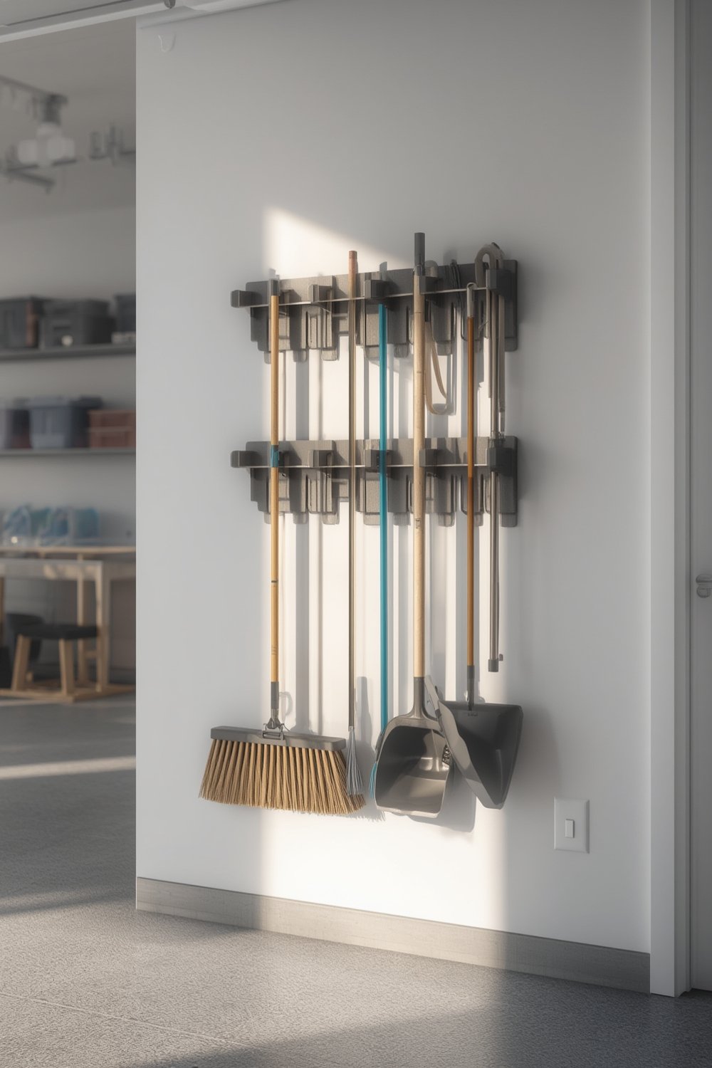 broom holder wall mounted in garage holding broom, mop, and garden tools