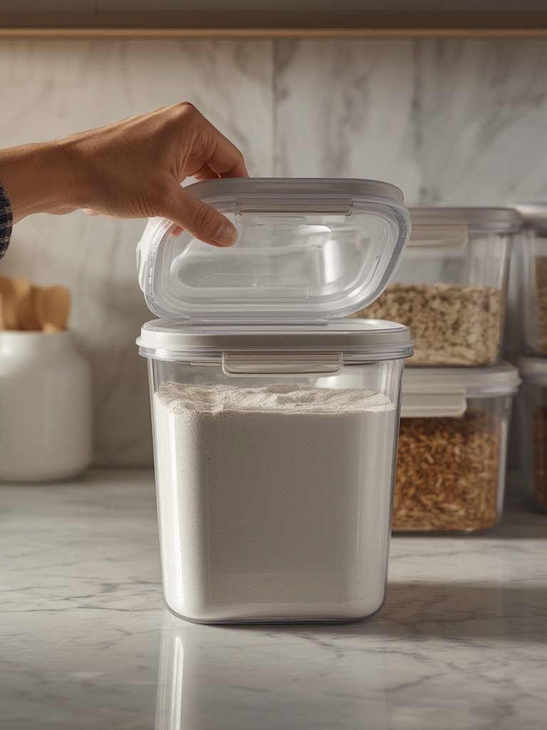 airtight container filled with flour and cereal in modern pantry