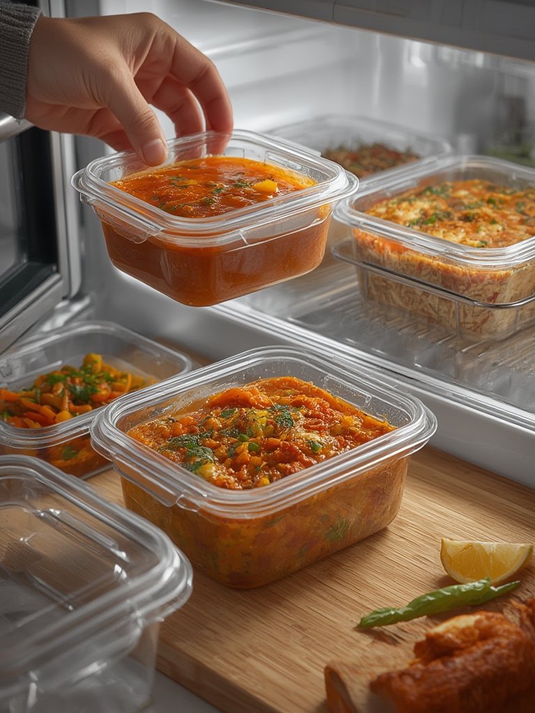 Freshware deli containers stacked in freezer for meal prep and food storage