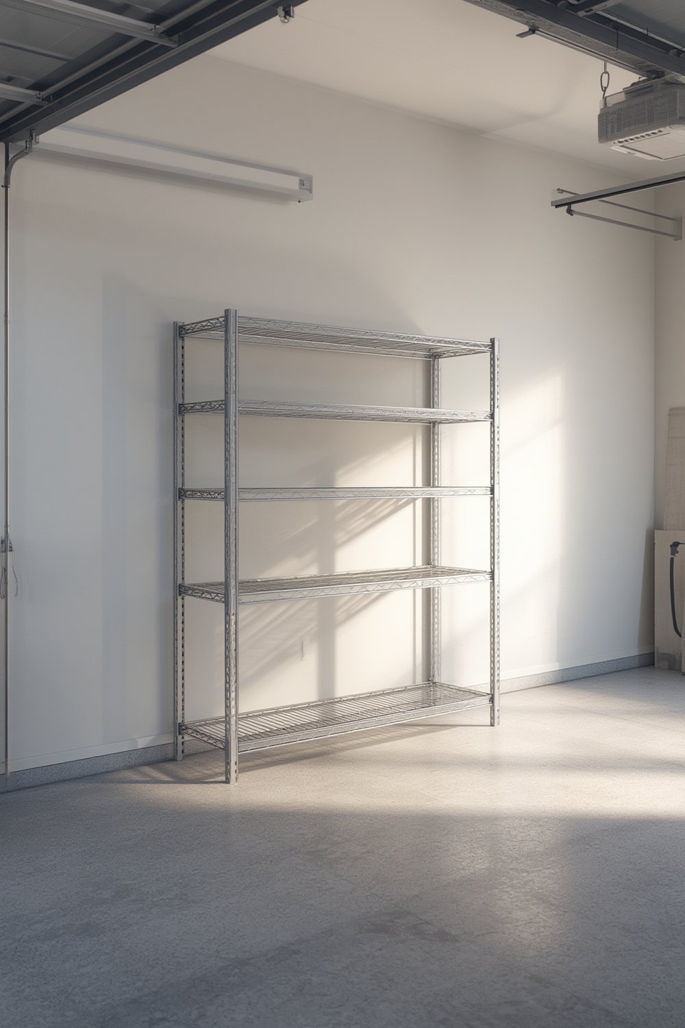garage shelving standing shelf unit in use, storing tools and bins