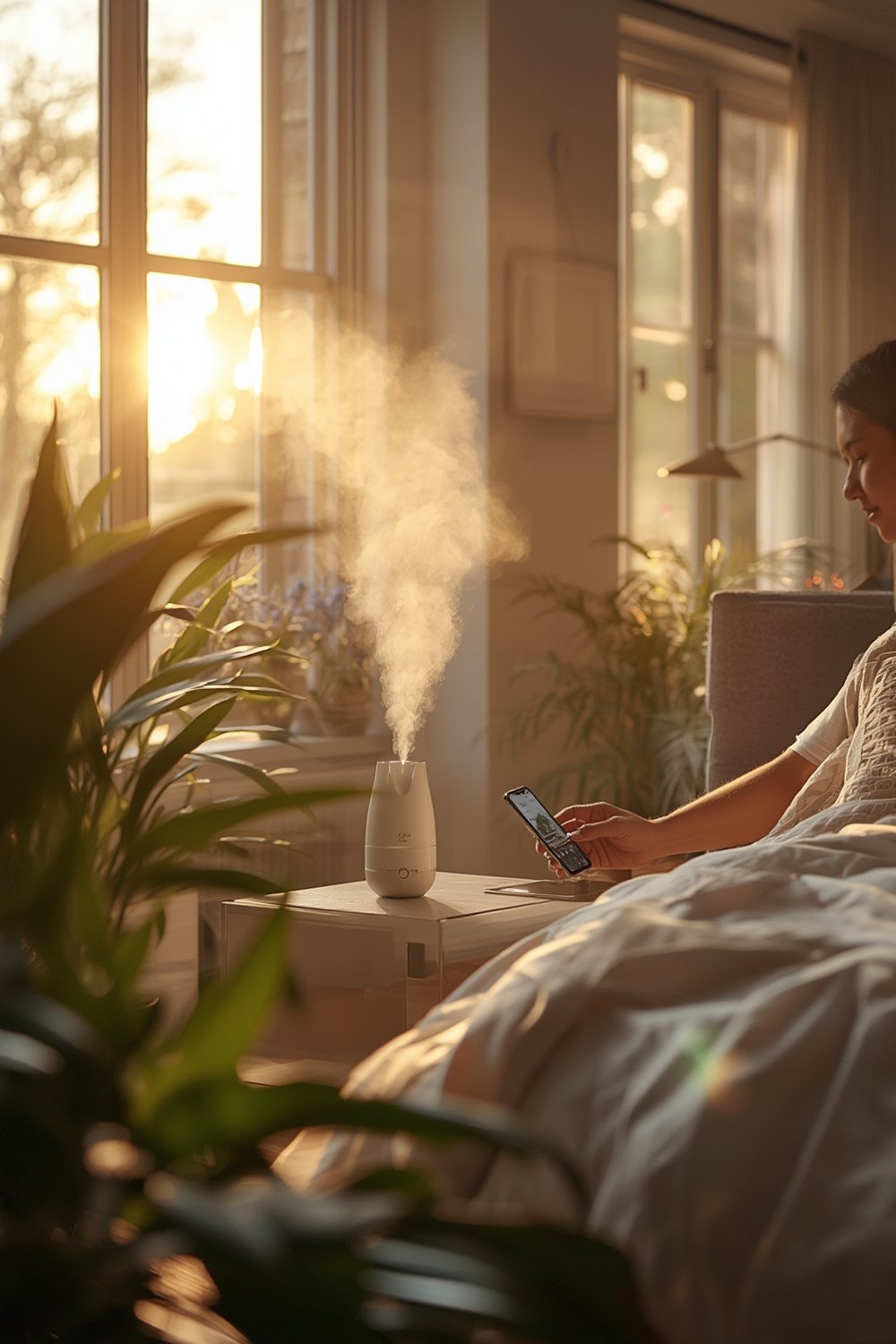 LEVOIT humidifier bedroom in use on nightstand