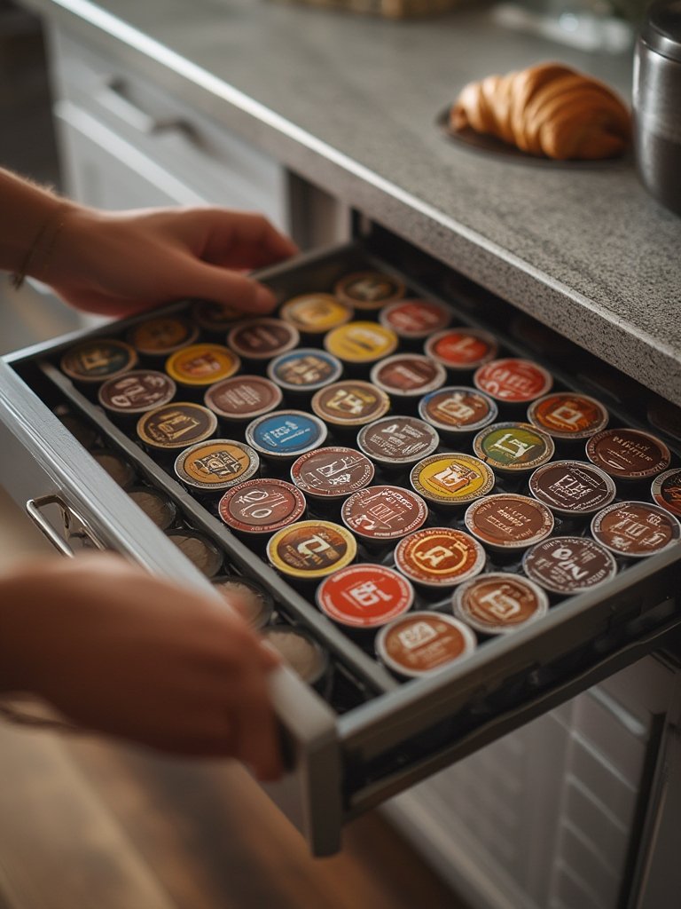 k-cup organizer and pod storage with coffee machine
