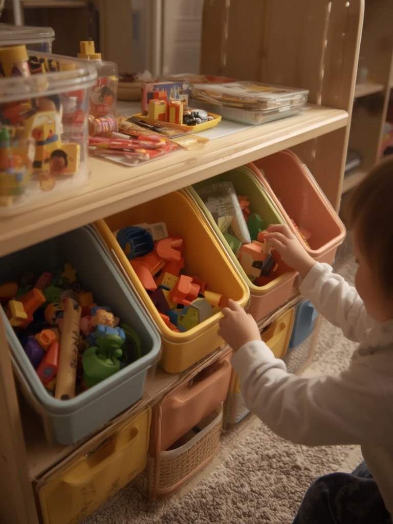 Delta Children toy organizer filled with toys in kids room