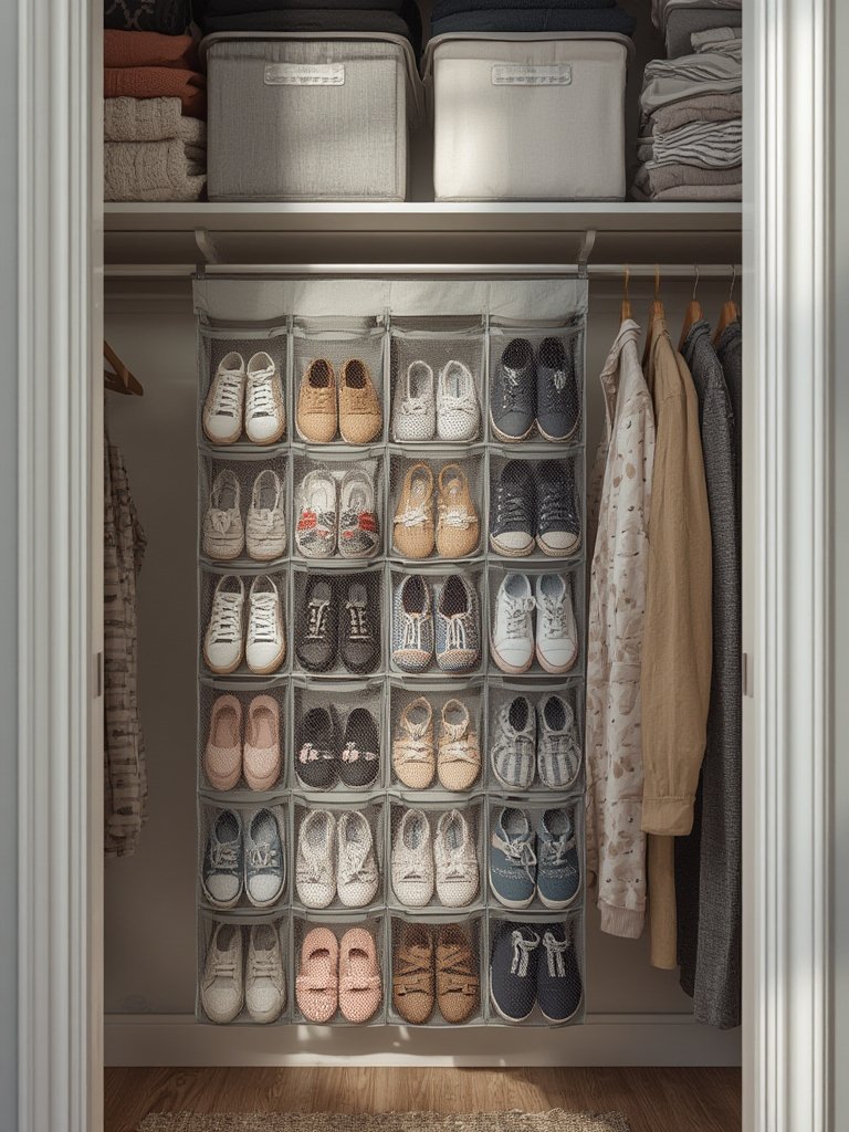 over door shoe organizer fully loaded and hanging