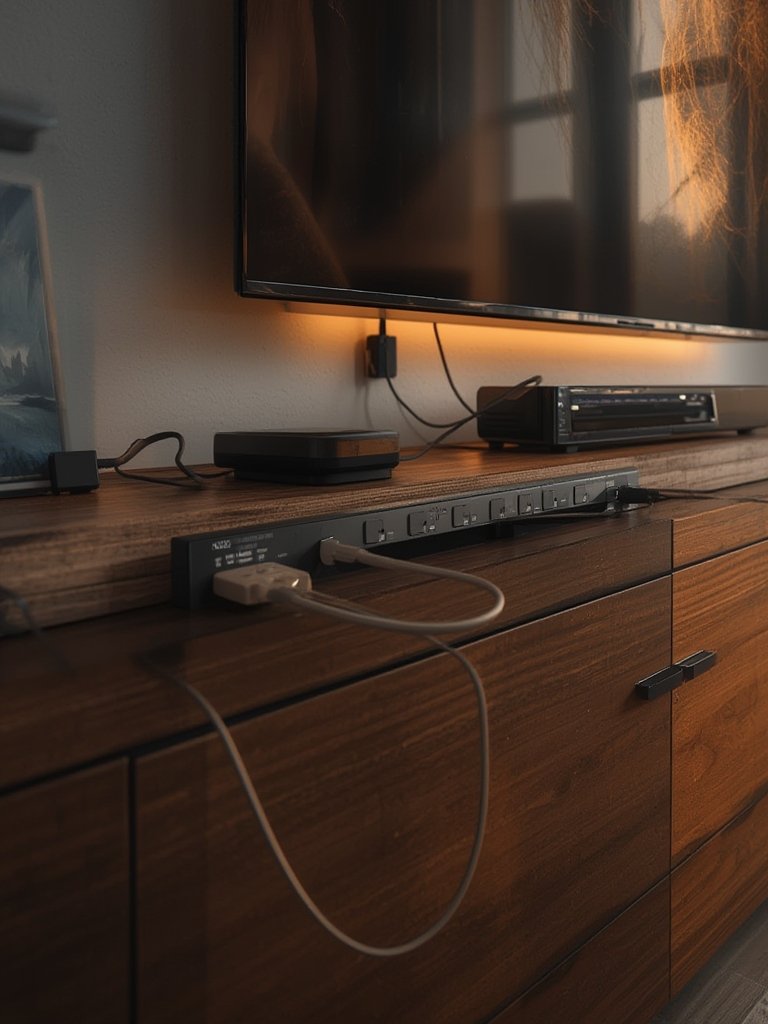 power strip with overload protection and safety indicator in a home office setting