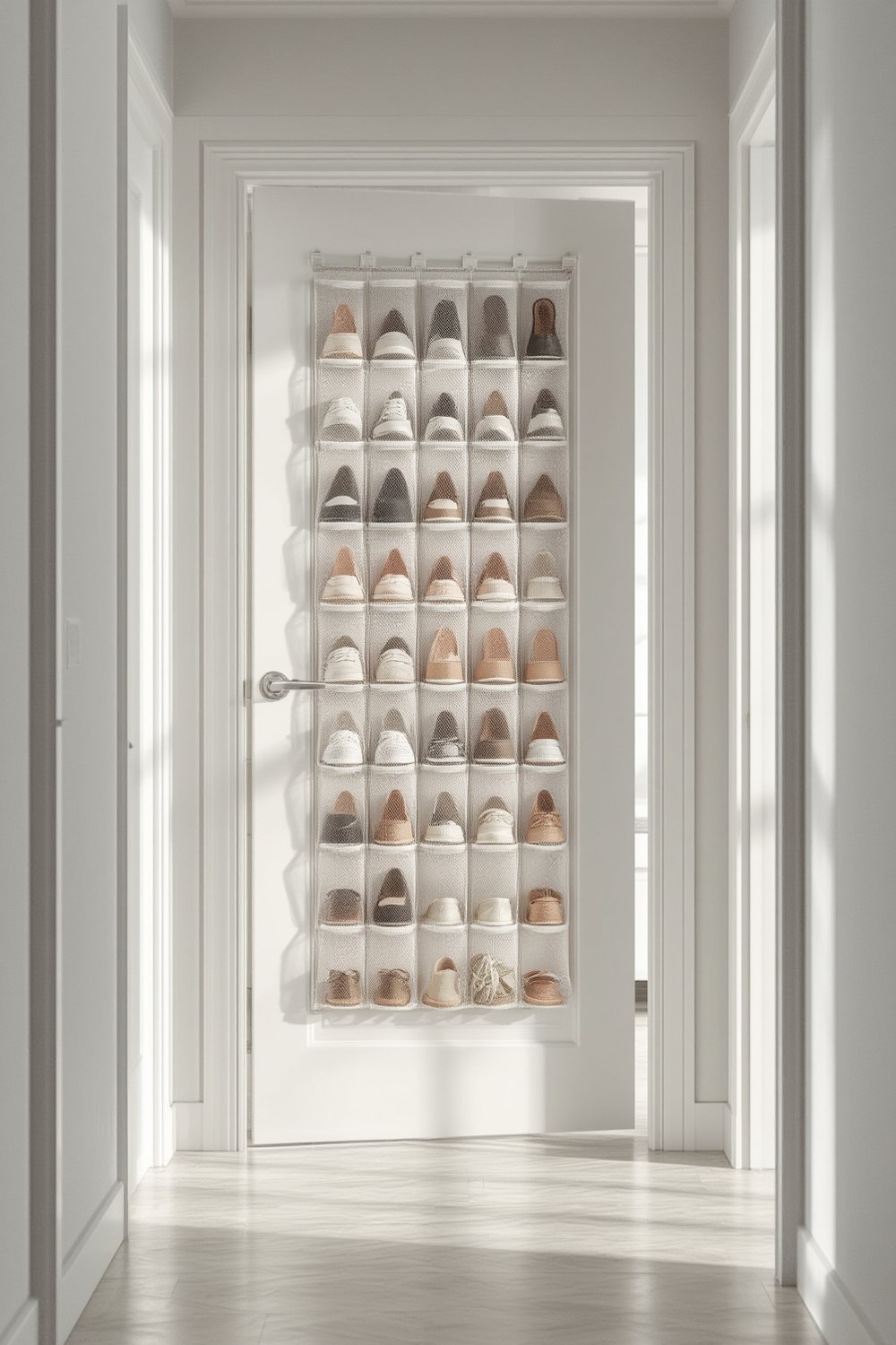 shoe organizer with 24 mesh pockets hanging on door