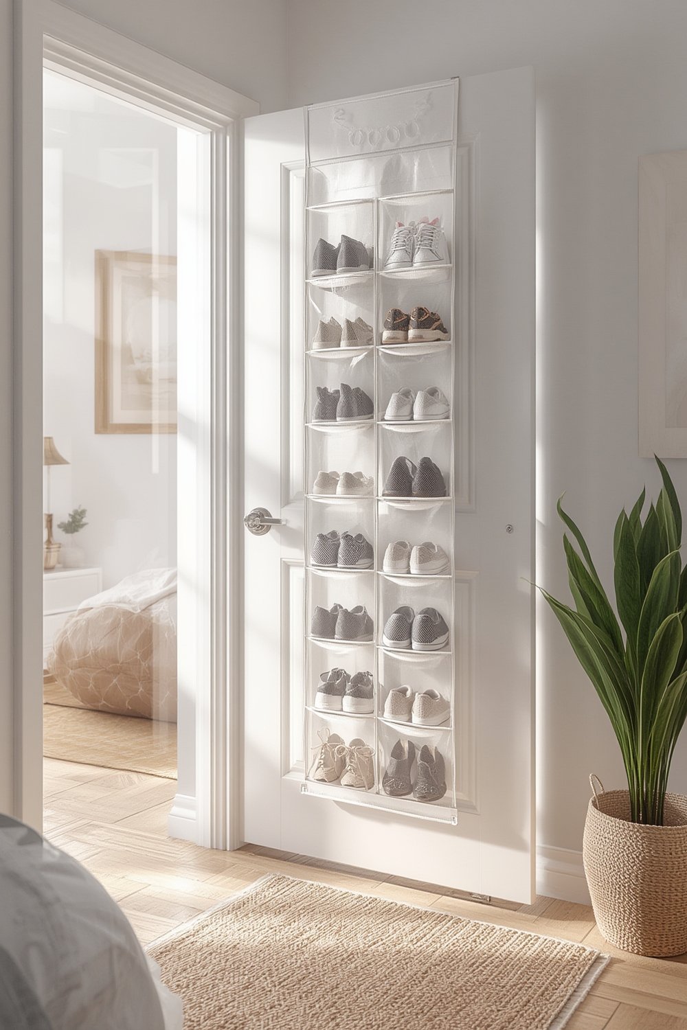 shoe organizer hanging on residential door