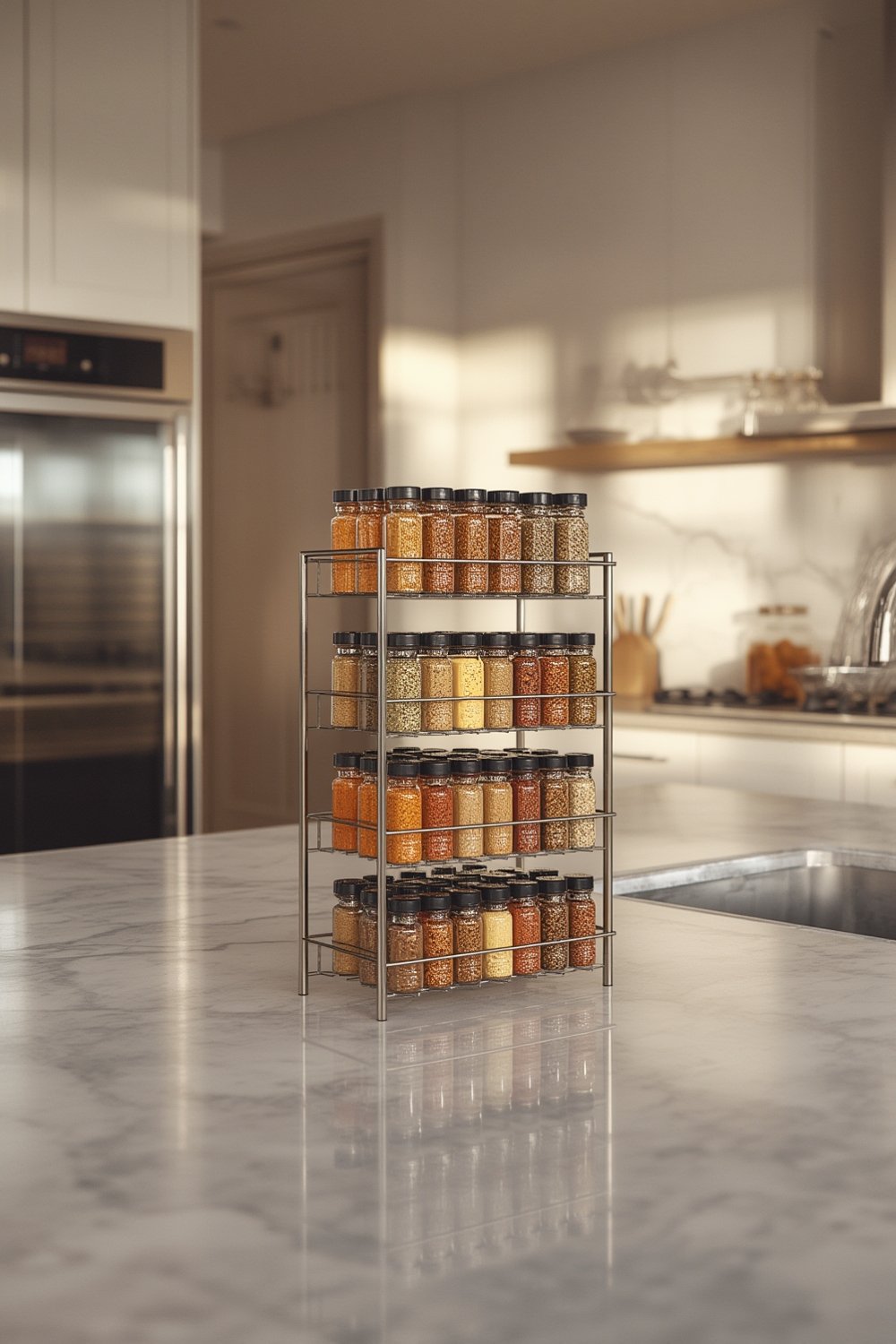 spice rack in organized kitchen cabinet