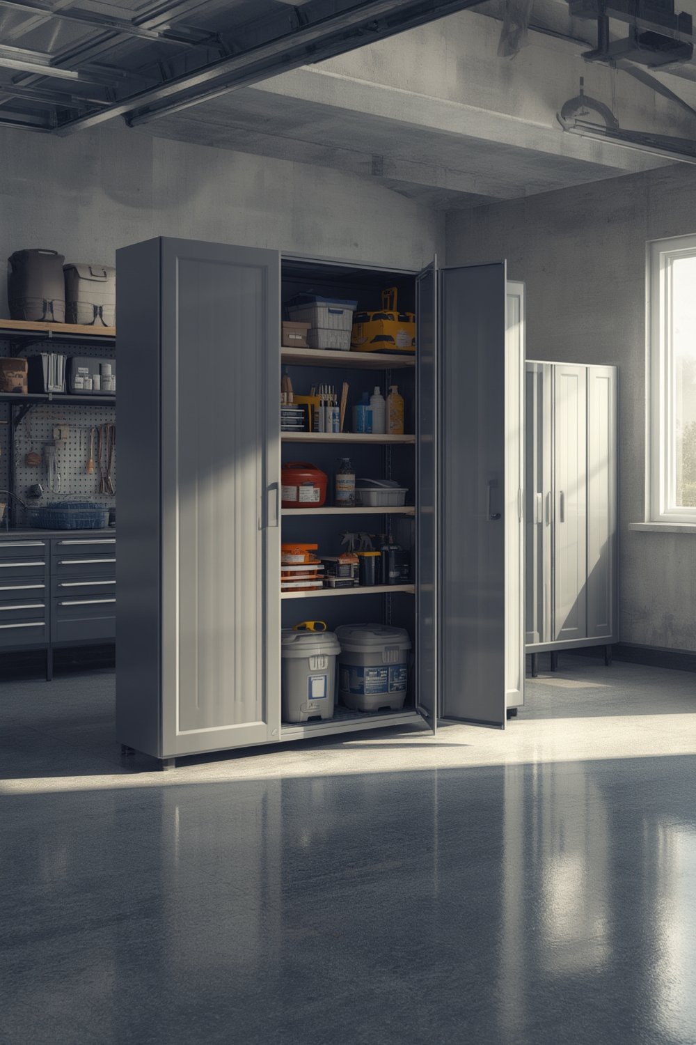 storage cabinet neatly organizing garage tools and supplies