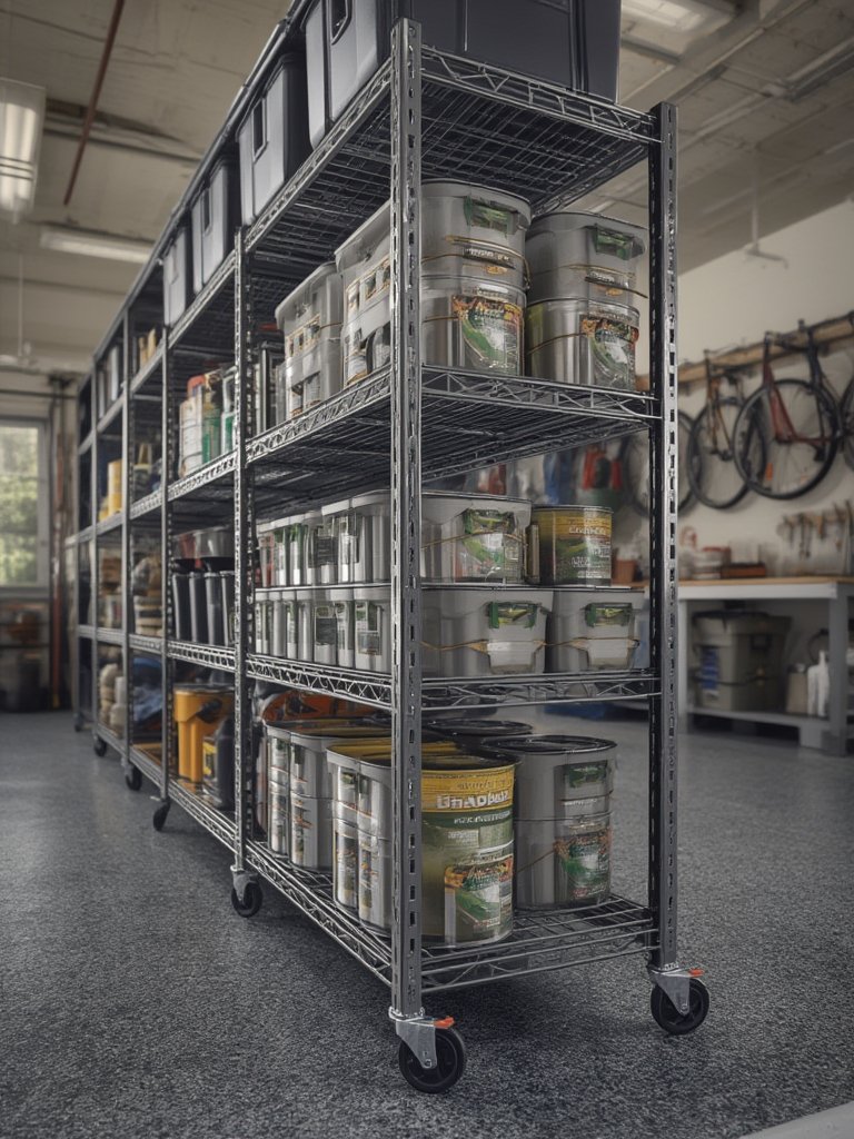 storage rack being assembled with adjustable metal shelves