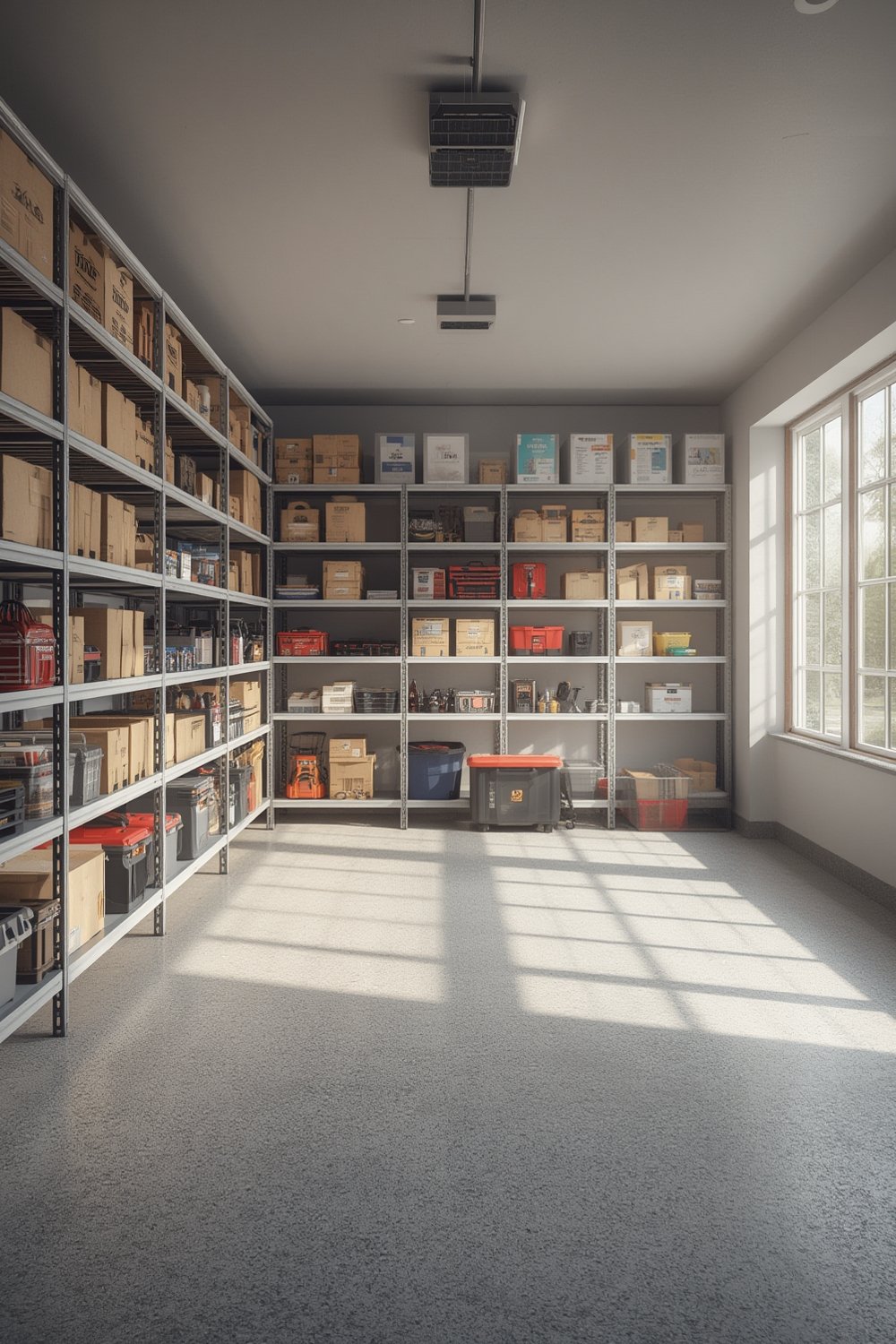 storage shelves in a garage setup