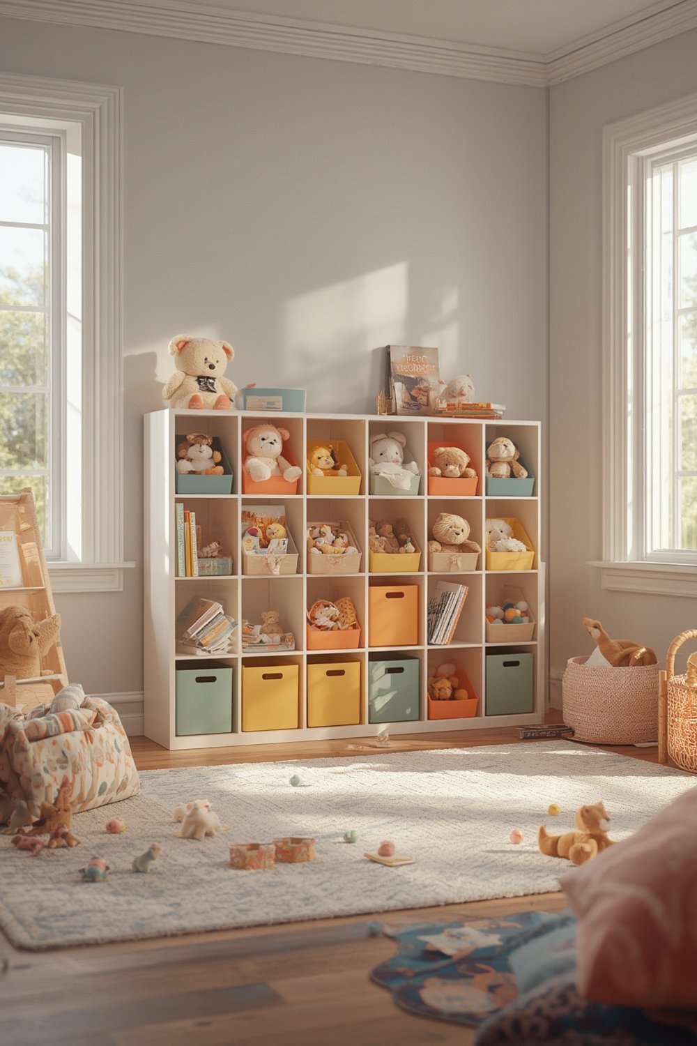 Delta Children toy organizer in playroom with colorful storage bins