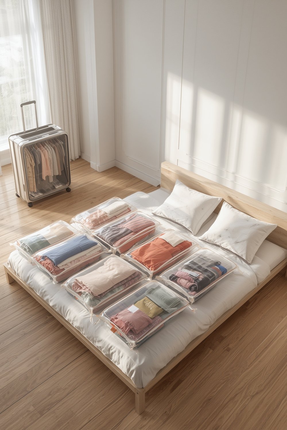 vacuum bags in use compressing clothes for space saving storage