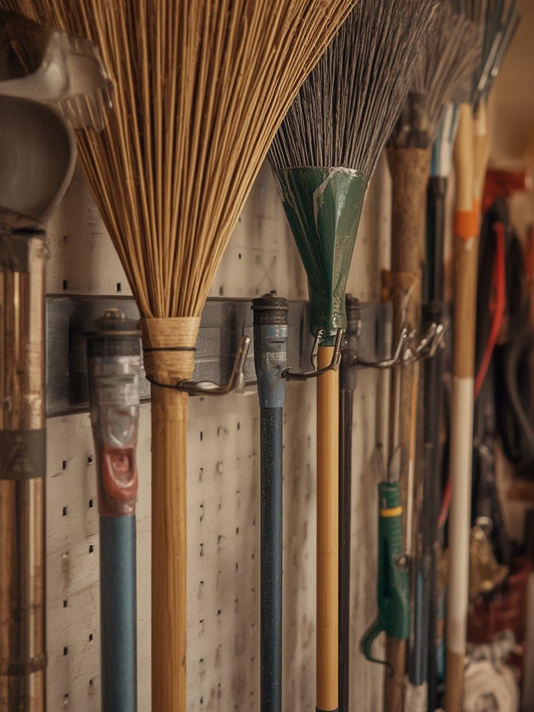 wall organizer with mop rack and cleaning tool storage installed in laundry room